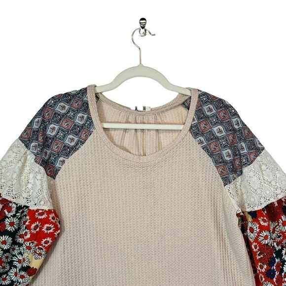 Umgee waffle Striped and Floral Color-block Puff Sleeve Top oversized fit small - Picture 2 of 13